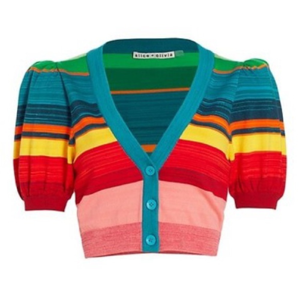 NWT Alice and Olivia Romi Puff Sleeve Striped Rainbow Cardigan Sweater Size XS